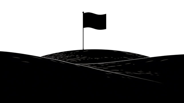 A black silhouette of a flag on top of a hill under a white sky. The flag is waving in the wind, casting a shadow on the hill.