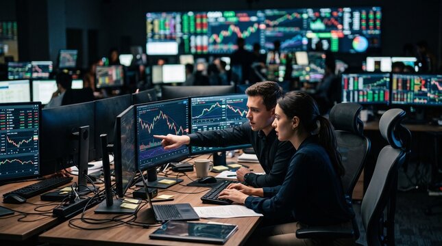 Traders analyze market data in a financial office at night