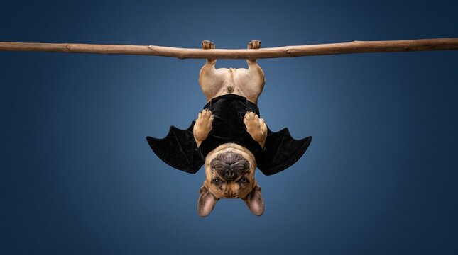 A pug puppy wearing Dog Bat Wings hanging upside down from a tree branch for a funny Halloween concept.