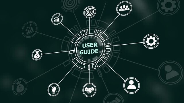 Interactive user guide digital interface featuring animated business and network connectivity nodes for corporate training, software tutorials, technical documentation, and modern presentations