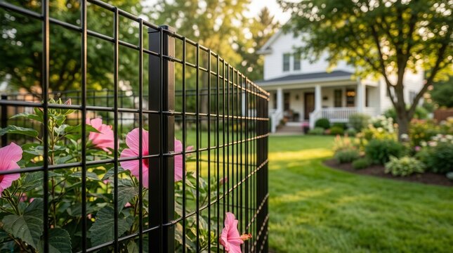 Welded wire fencing installed in a residential backyard with garden plants.