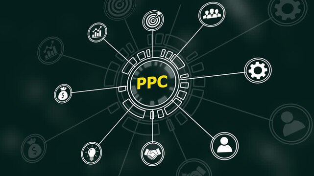 Ppc digital marketing strategy infographic animation featuring dynamic tech and connected business growth nodes for modern corporate advertising presentations and online campaign analysis