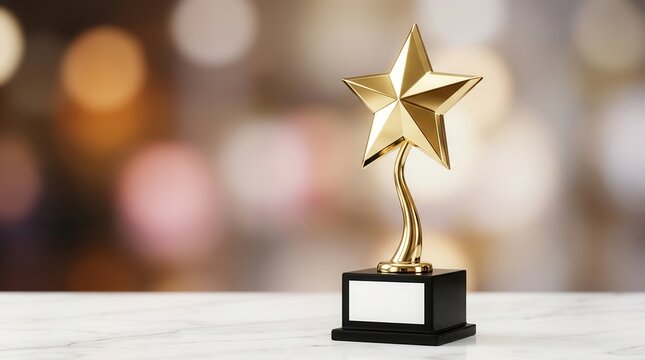 Success and achievement concept featuring a golden star award on marble.