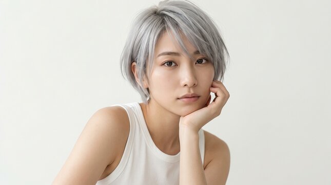 Portrait of a gorgeous young asian woman with short silver grey hair