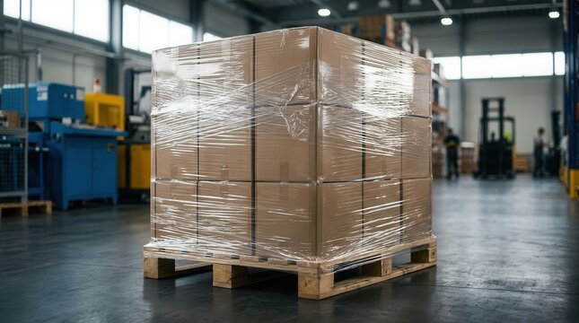 Industrial logistics scene showing boxes on a pallet secured with clear stretch film inside a warehouse.