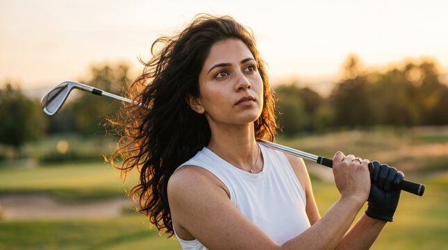 Portrait of a beautiful female golfer standing on a scenic green course, casually resting a golf club across her shoulders at sunset.