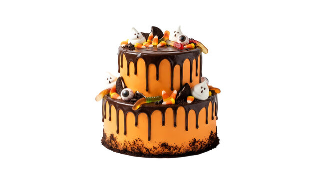 Two tier Halloween cake with orange frosting chocolate drips and ghost decorations isolated transparent background.