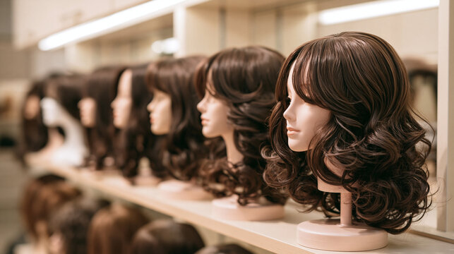 A panoramic shot inside a wig retail store. Bright store lighting, mannequin heads wearing brown wigs displayed on shelves. Style: Cinematic photography. Avoid AI-model-like perfec