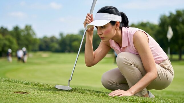 Focused woman kneeling on a sunny golf course putting surface, examining the green's slope to line up her upcoming putt.