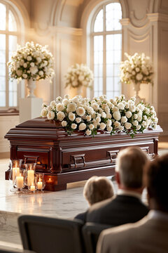 A funeral service takes place inside a spacious hall with cream colored walls and marble flooring and a polished dark mahogany casket.
