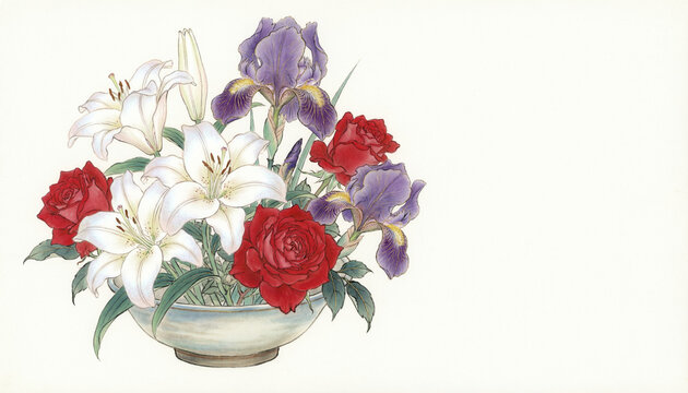 Japanese bouquet of white lilies, red roses, and purple irises in a low ceramic bowl