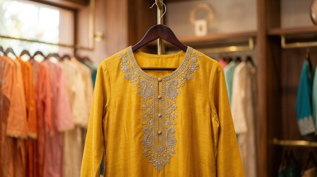 A selection of vibrant Indian ethnic wear and embroidered kurtis in a retail store.