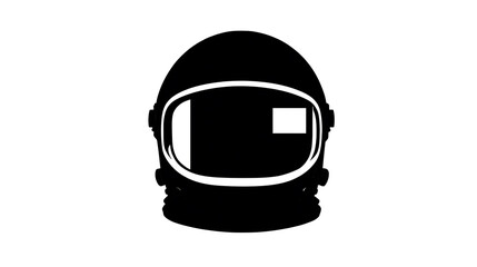 Fototapeta premium A stylized black and white illustration of an astronaut helmet, with a reflective visor and intricate detailing. The helmet stands out against a stark white background.