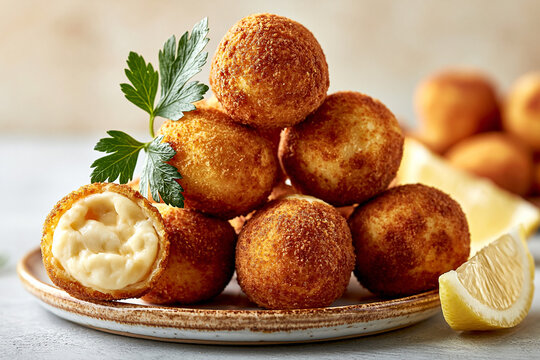 A stack of golden-brown, freshly fried Spanish croquetas piled on a rustic plate, with a sprig of parsley and a wedge of lemon.