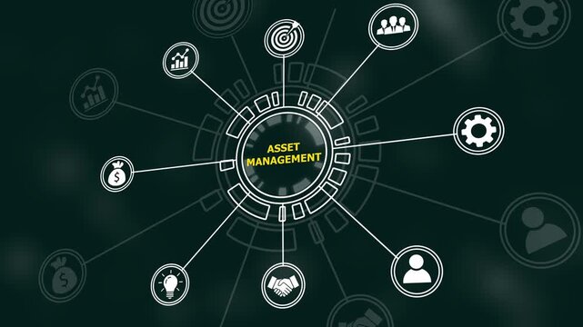 Dynamic digital asset management infographic animation featuring interconnected business financial growth strategy symbols, and corporate workflow network technology on a dark background