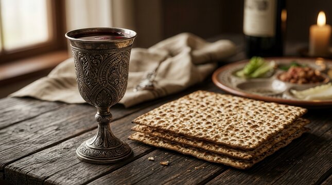 Passover traditions featuring unleavened matzah crackers and a wine cup on wooden surface.
