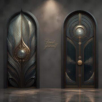 Two mysterious fantasy doors with text "Trust yourself".  Concept of choice in subconscious mind for psychology blogs, posters and social media.