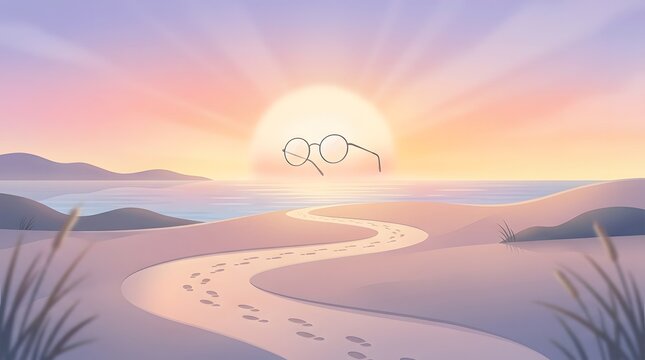 A serene and surreal landscape illustration featuring a pair of floating round spectacles above a winding sandy path leading toward a glowing golden sunset