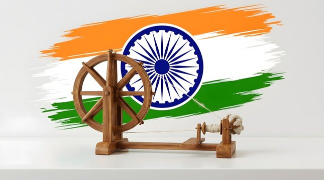 A traditional wooden spinning wheel known as a Charkha stands prominently in front of a stylized, artistic brushstroke background of the Indian national flag colors.