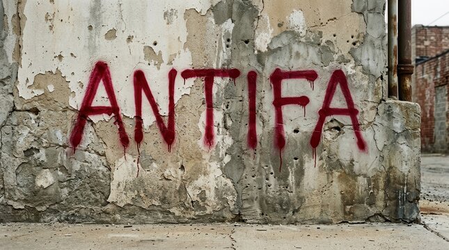 Political protest marking on an old weathered concrete wall with red spray paint.