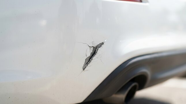 A white car back bumper showing a prominent mark and surface damage.