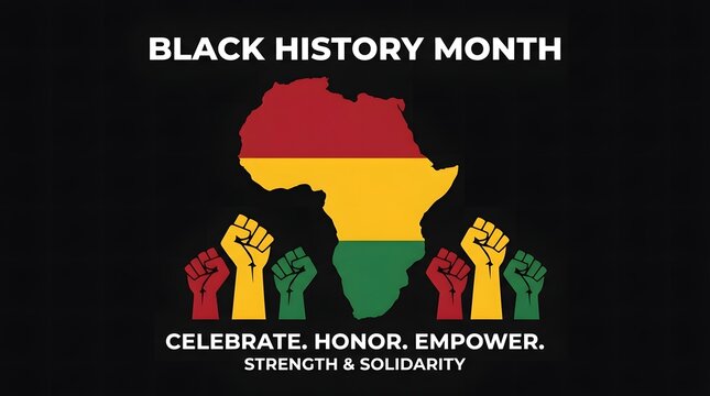 A powerful digital graphic commemorating Black History Month featuring the continent of Africa filled with Pan-African colors and raised fists symbolizing unity and strength