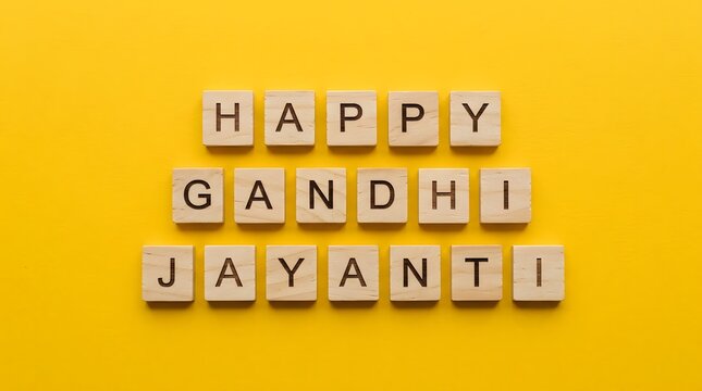 Wooden scrabble tiles arranged on a vibrant yellow background spelling out the festive holiday greeting Happy Gandhi Jayanti in a clean minimalist flat lay