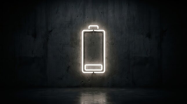 A glowing low battery icon mounted on a dark wall conveying a need to recharge.