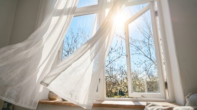 Sunlight streaming through an open window with airy curtains moving in the breeze.