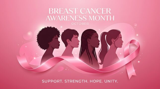 A beautiful graphic illustration featuring four diverse women in silhouette profile, united by a flowing pink ribbon to represent Breast Cancer Awareness Month in October.