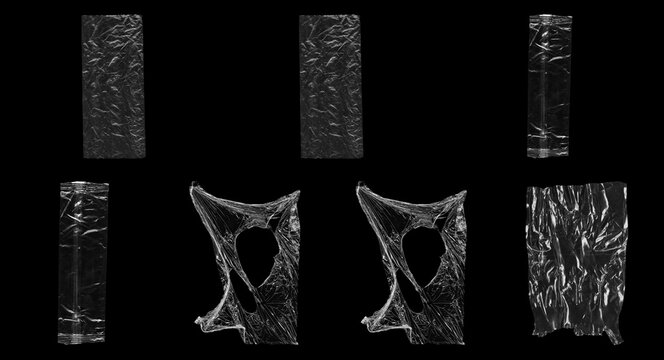 Transparent plastic wrap textures, wrinkled cellophane stretch film elements, realistic cling wrap overlays on black background