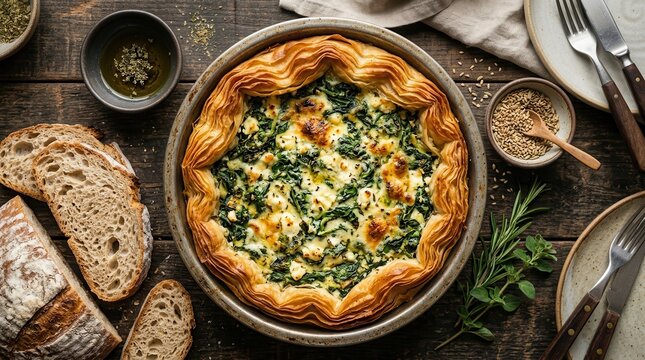 Authentic Greek spanakopita style spinach pie with golden flaky crust and cheese.
