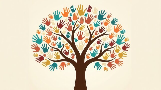 Humanitarianism and charity values shown through a tree of diverse colorful handprints.
