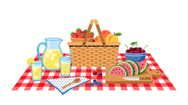 Summer fruits picnic illustration with fresh lemonade, watermelon, and basket on a red checkered blanket background