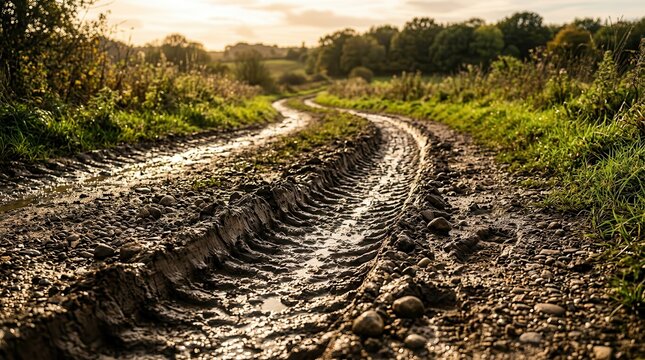 A textured dirt path showing tire tracks, gravel, and nearby green grass.