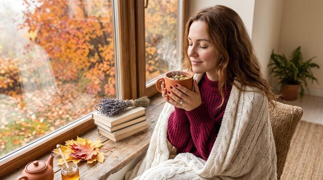 A reader as a woman smelling herbal tea wrapped in a blanket by a window for hygge winter evening imagery.