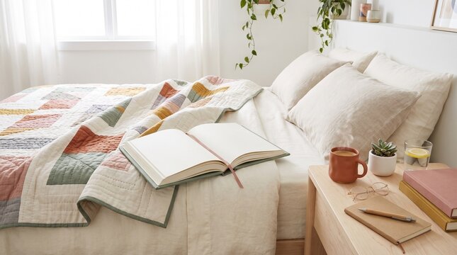 An open book lying on quilted blanket on a white bed for cozy morning reading and domestic lifestyle concepts.
