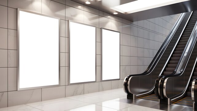 Three blank vertical posters on a marble wall next to an escalator in a modern subway station, 3d render
