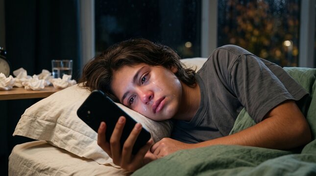 A young person texting in bed crying while looking at a smartphone for heartbreak and cyberbullying awareness campaigns.
