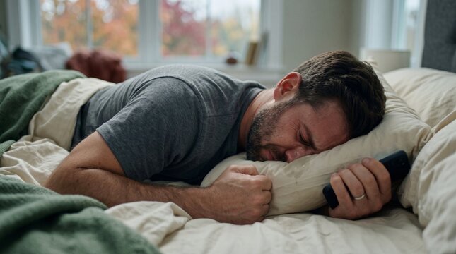A man lying face down as a person texting in bed crying for sleep disorder and chronic stress imagery.