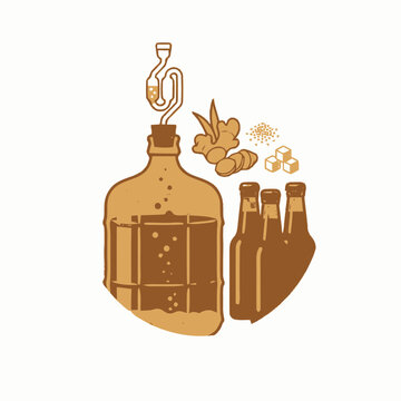 Illustration of home brewing ginger beer with fermentation carboy and bottles.