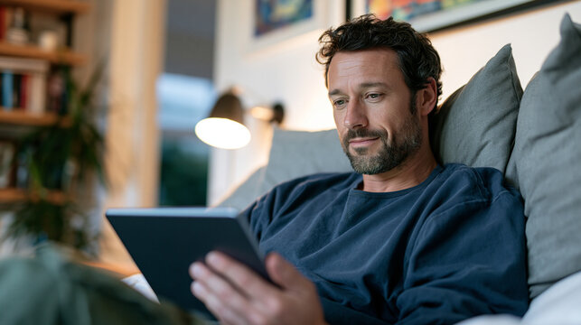 Premium commercial stock photography utilizing strong rule of thirds layout, young man selecting items on glowing tablet screen while sitting in bright bedroom, expansive copy spac