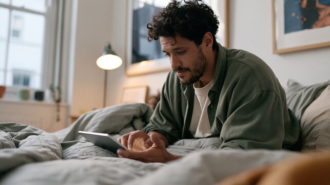 Premium commercial stock photography utilizing strong rule of thirds layout, young man selecting items on glowing tablet screen while sitting in bright bedroom, expansive copy spac