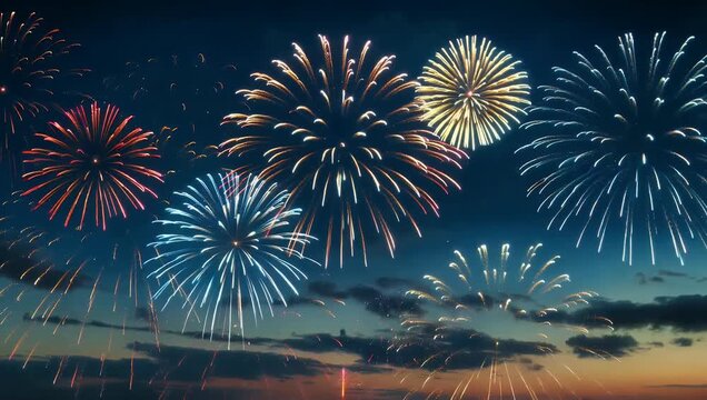 mesmerizing crystal-clear 4K display captures colorful fireworks exploding across a night sky creating a spectacular celebration filled with vibrant light trails and dramatic bursts perfect for