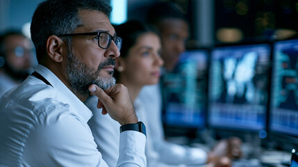 Fototapeta premium Premium commercial stock photography of mission control room with technicians monitoring multiple screens showing orbital tracking data, bright ambient lighting, satellite network