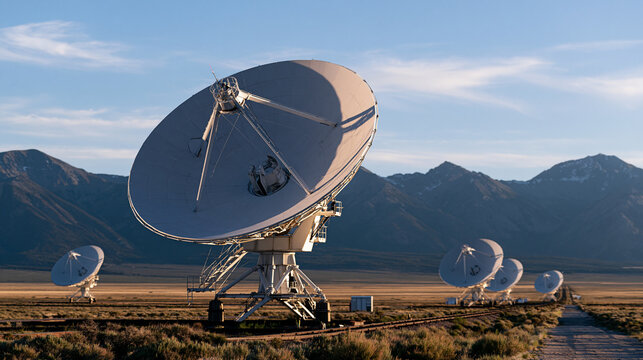 Premium commercial stock photography of large satellite dish antenna array under bright daylight sky at ground station, wide open field, satellite communication concept, ultra-real