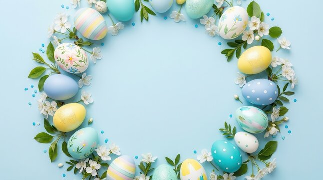 Top view of colorful Easter eggs and white flowers with copy space on light blue.