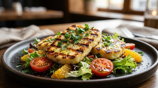A healthy and delicious salad featuring grilled halloumi, fresh tomatoes, oranges, and greens.
