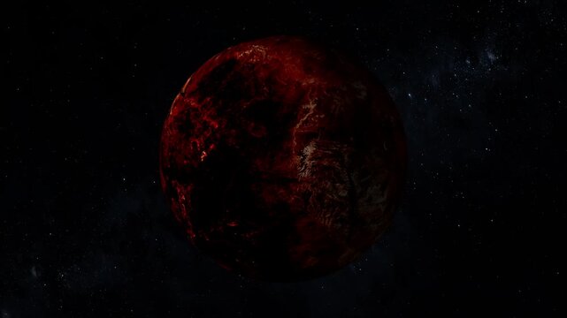 Dark red planet space animation displays cosmic sphere in deep galaxy. Red planet space sphere revolves smoothly across starry dark sky. Planet animation loop is clean.