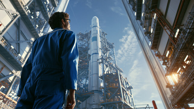 Premium commercial visual representing corporate national responsibility and advanced engineering. Eye-level shot from behind a final inspection officer standing centrally at a bri